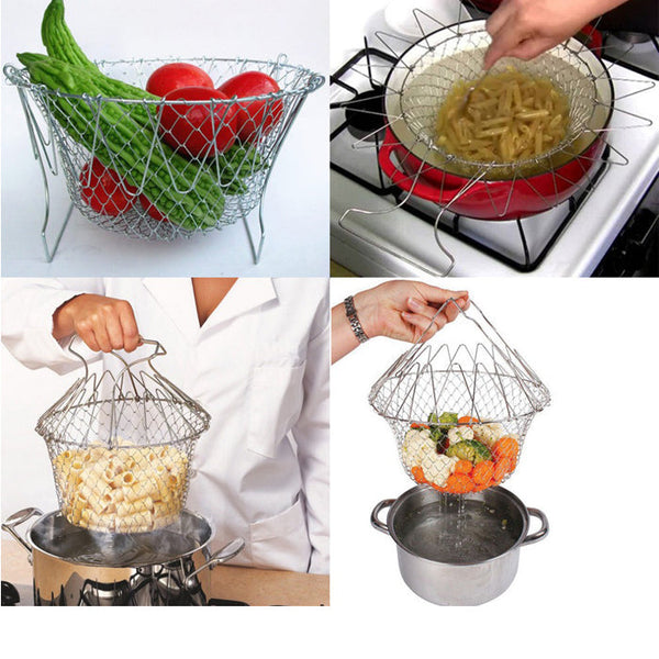 Stainless Steel Chef Basket 12 in 1 Kitchen Tool Deluxe Boiler, Steamer, Strainer & Frying
